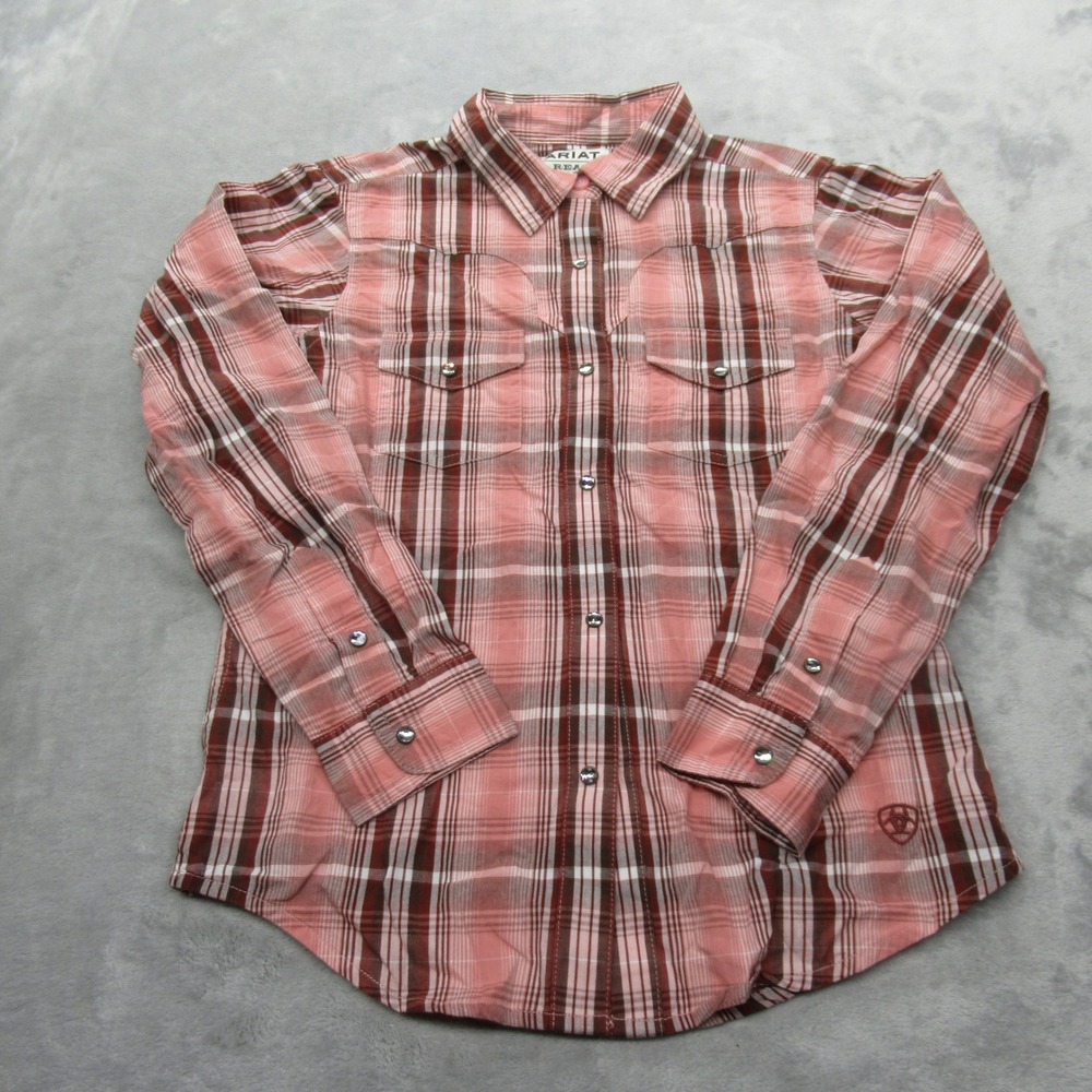Ariat Saguaro‎ Shirt Girls Medium 10 Pink Plaid Snap Western Rodeo Embellished